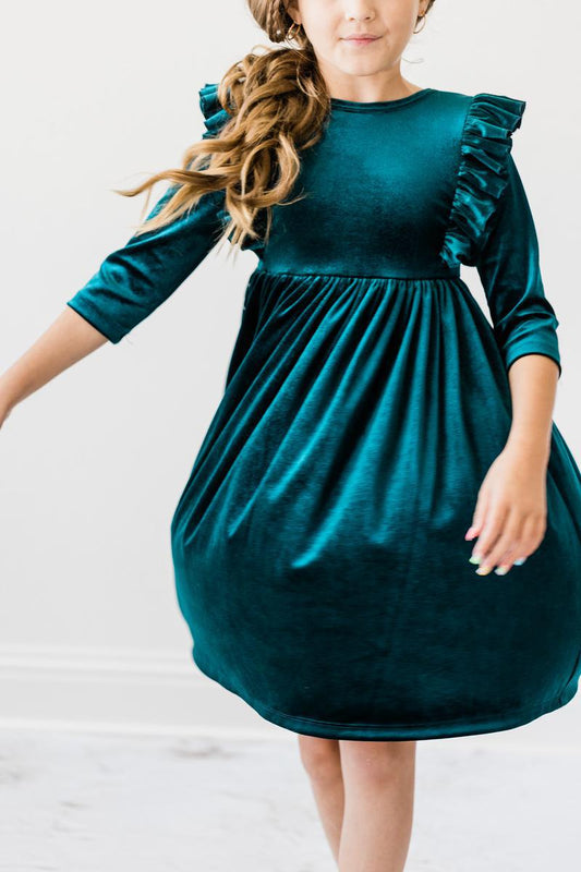Teal Velvet Ruffle Twirl Dress - Shaketea