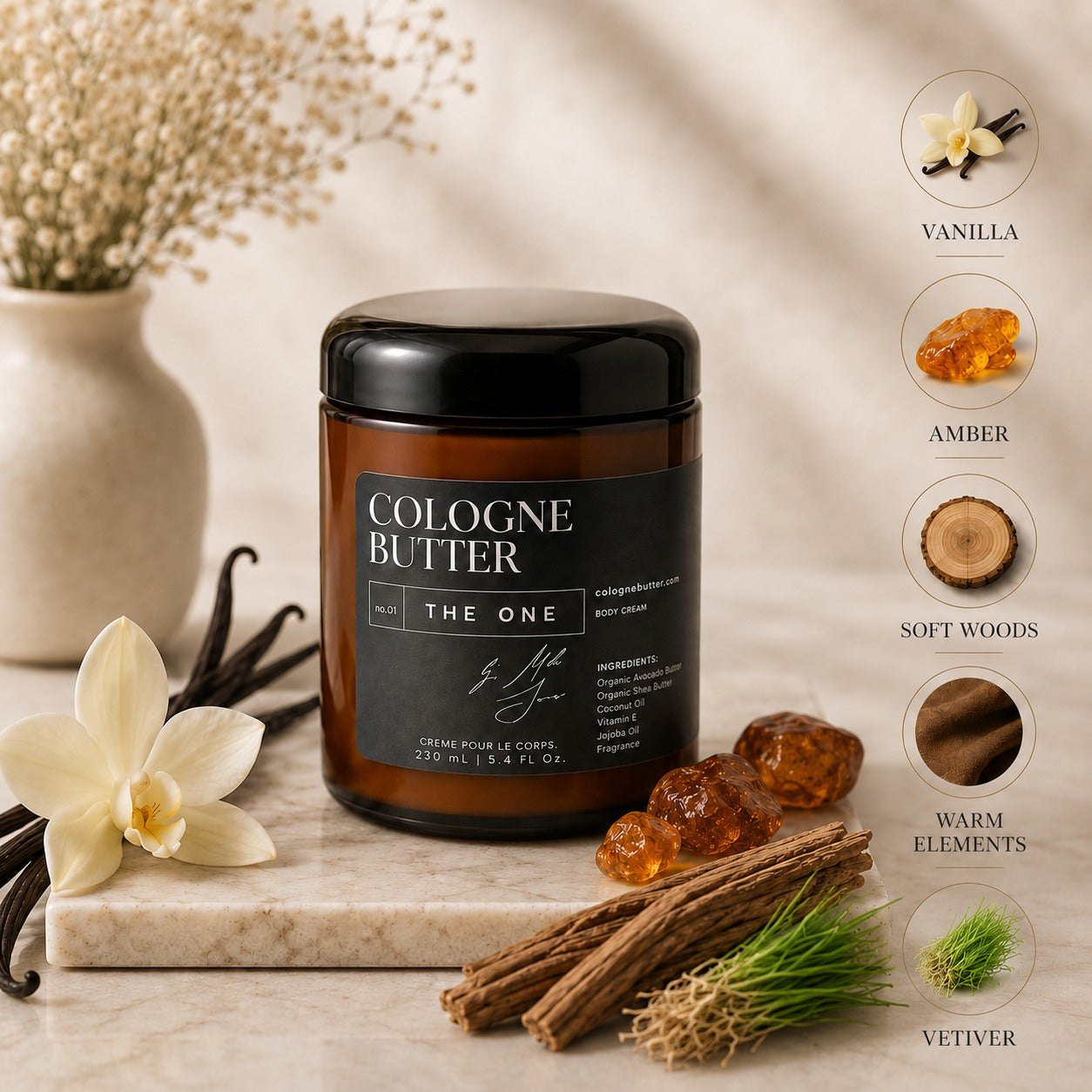 THE ONE – Luxury Fragrance Body Butter | Cedarwood, Vetiver & Warm Floral Cologne Scent Moisturizing Skin Butter | Cologne Butter
