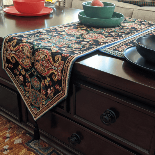 Tache Elegant Black Ornate Paisley Woven Tapestry Table Runner (18192)