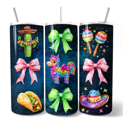Cinco De Mayo Coquette Bow 20oz Personalized Tumbler With Lid and Stainless Steel Straw, Mexican Fiesta Maracas Gift Cup