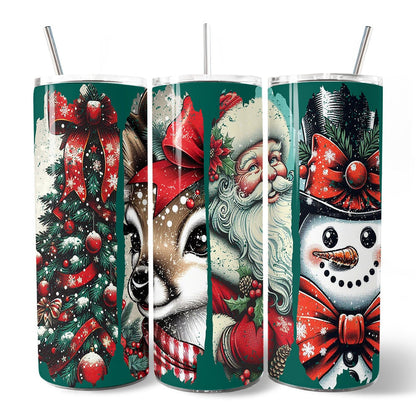 Vintage Tree, Reindeer, Santa and Snowman 20oz Personalized Tumbler With Lid and Stainless Steel Straw, Green Christmas Brushstrokes Gift Cup