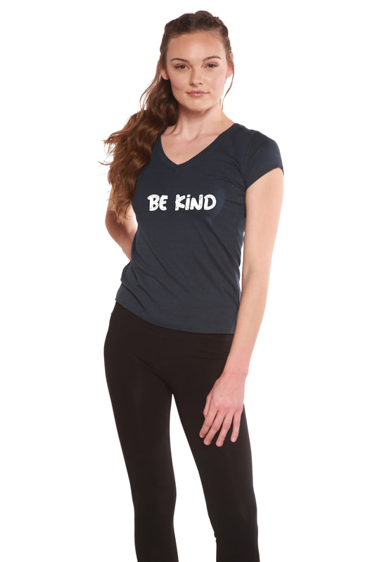 Be Kind Printed Women's Bamboo Viscose/Cotton V-Neck Cap Sleeve T-Shirt - Shaketea