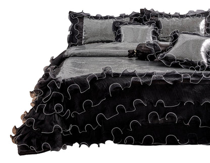 Tache Luxurious Glam Night Out Silver Sequin Black Organza Ruffle 6pc Comforter Set (1622)