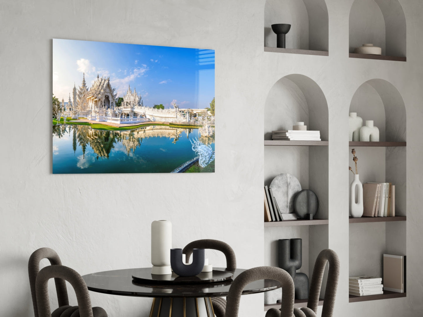 Elegant White Temple Reflection Glass Wall Art
