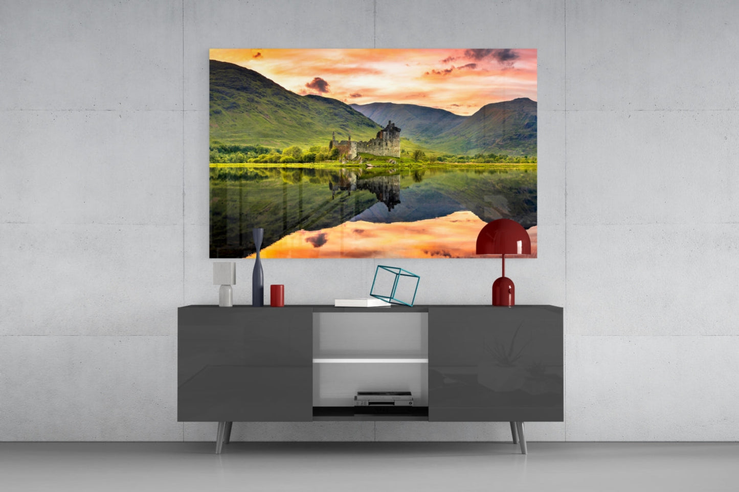 Highland Castle Sunset Reflection Glass Wall Art