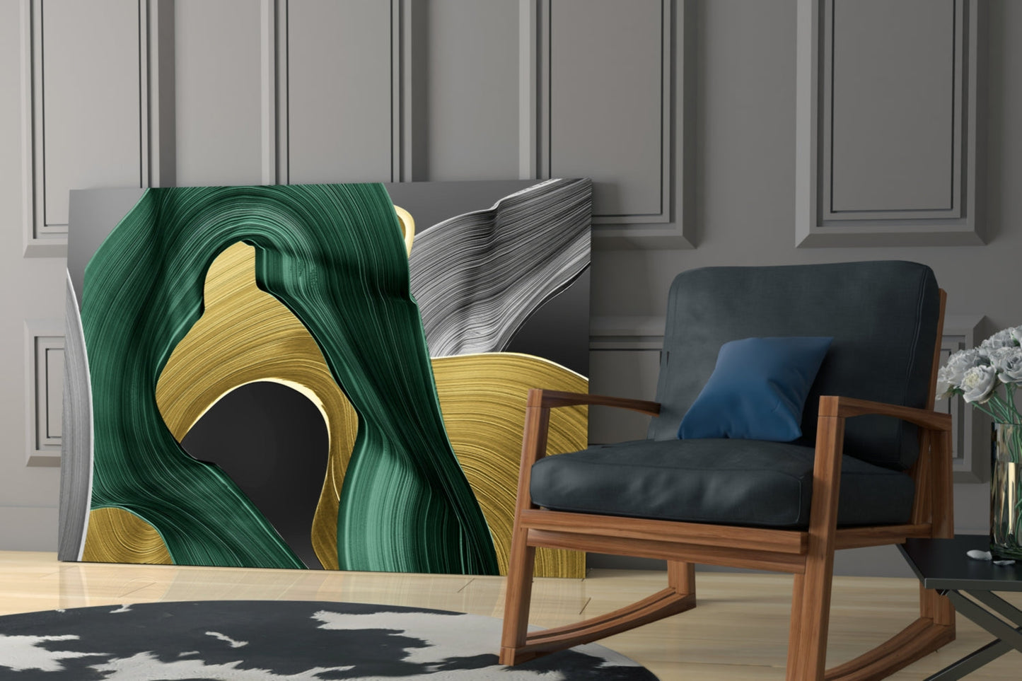 Elegant Swirls in Gold and Green Glass Wall Art