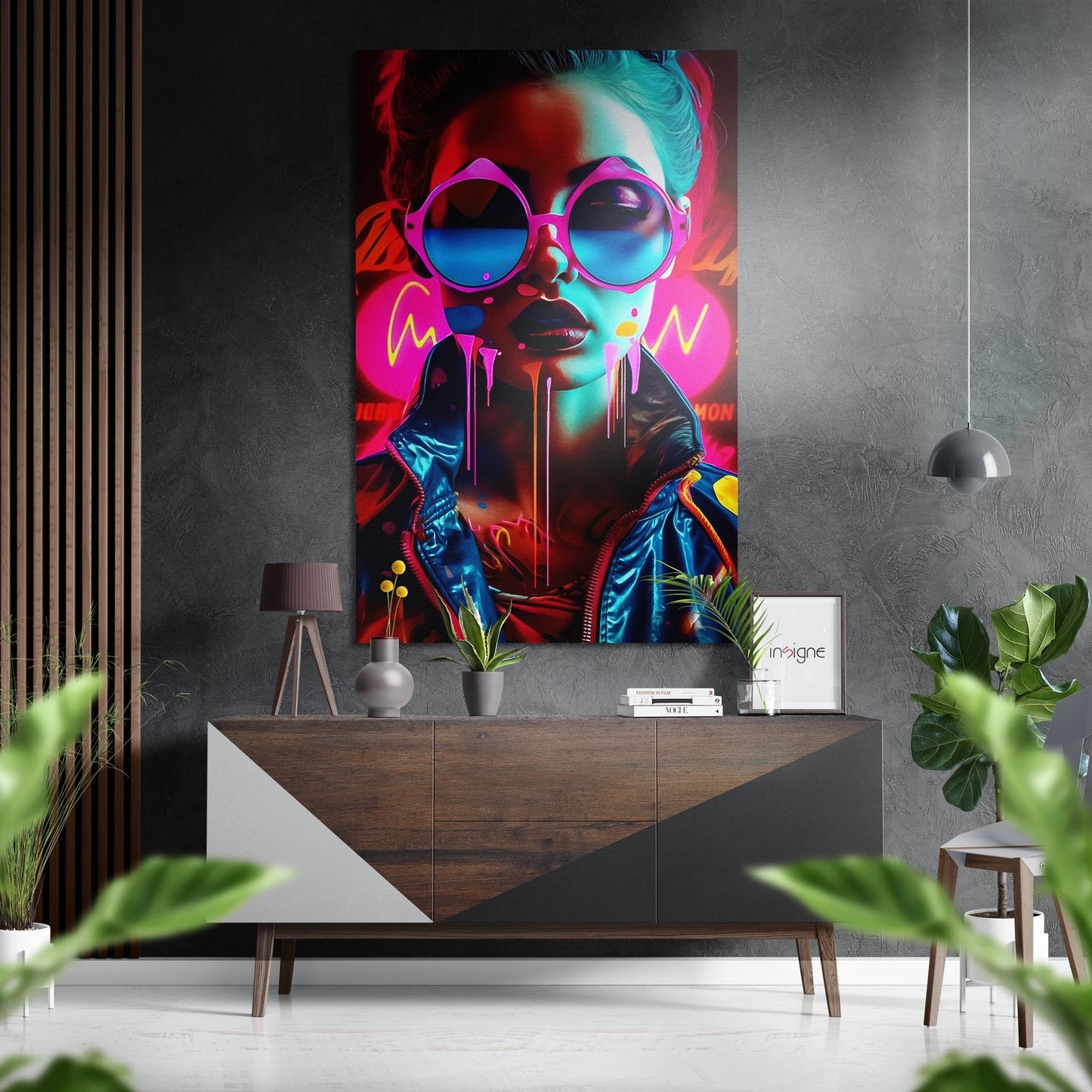 Pink Sunglasses Neon Woman Brushed Aluminum Dibond Wall Art