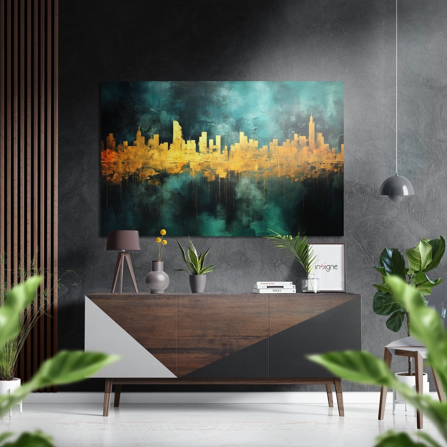 Golden Teal City Skyline Brushed Aluminum Dibond Wall Art