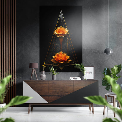 Twin Orange Lotus Gold Triangle Brushed Aluminum Dibond Wall Art
