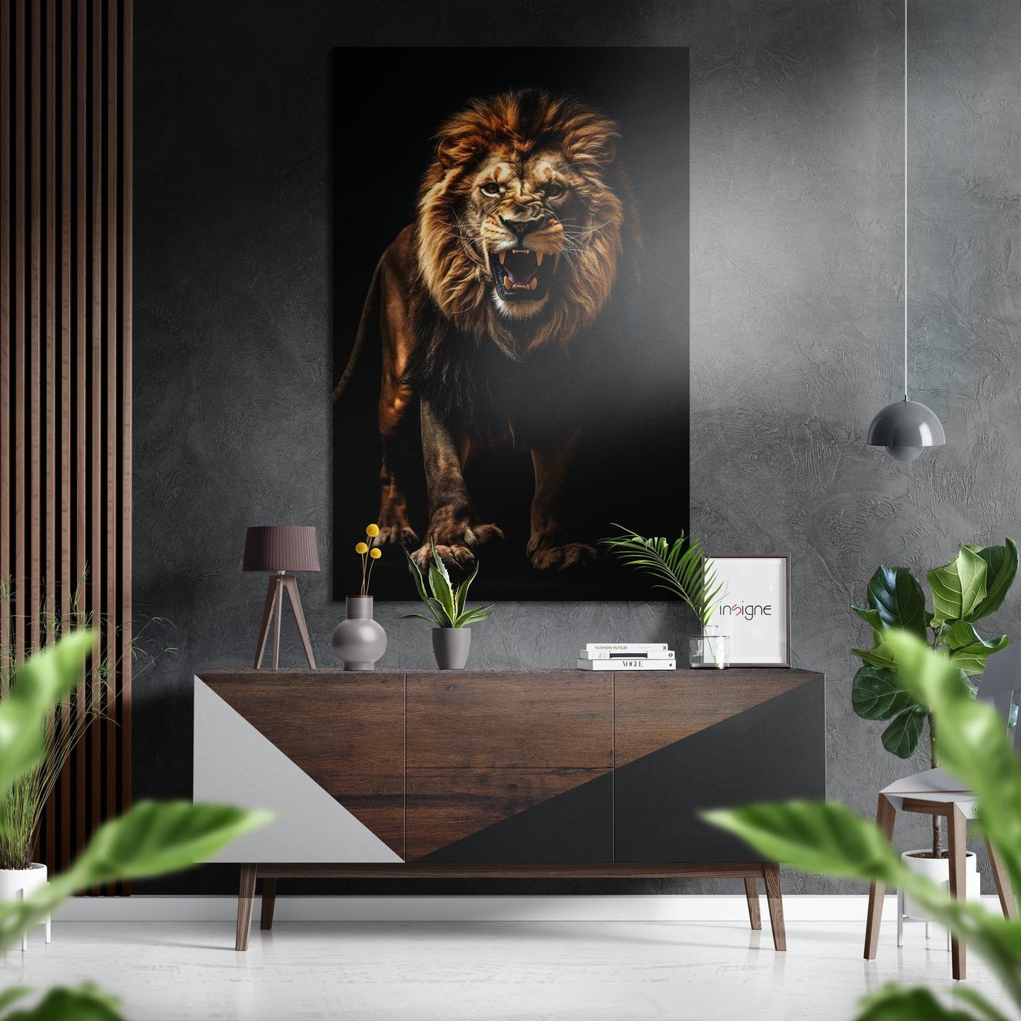 Roaring Lion in Darkness Brushed Aluminum Dibond Wall Art