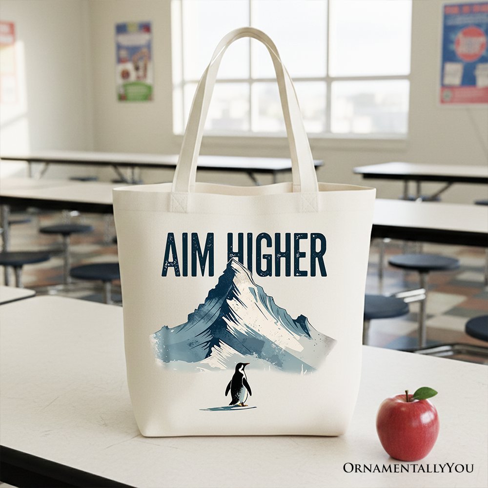 Aim Higher Penguin Tote Bag, Vintage Mountain Motivational Quote Gift Shopper