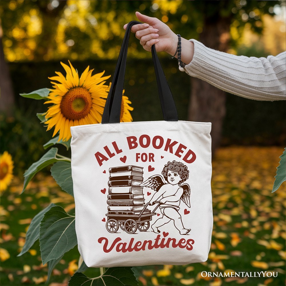 All Booked For Valentines Cupid Canvas Tote Bag, Vintage Funny Bookworm Gift