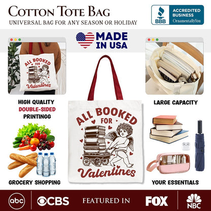 All Booked For Valentines Cupid Canvas Tote Bag, Vintage Funny Bookworm Gift