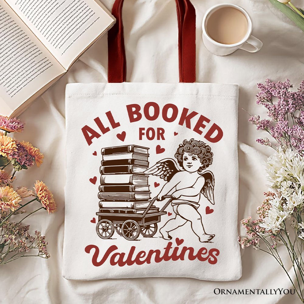 All Booked For Valentines Cupid Canvas Tote Bag, Vintage Funny Bookworm Gift