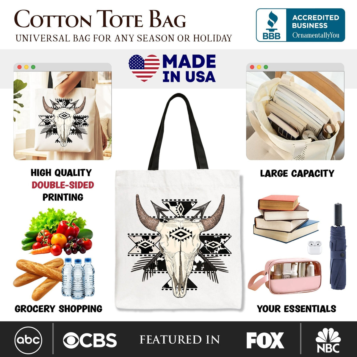 Aztec Tribal Bull Skull Canvas Tote Bag, Western Boho Gift Shopper