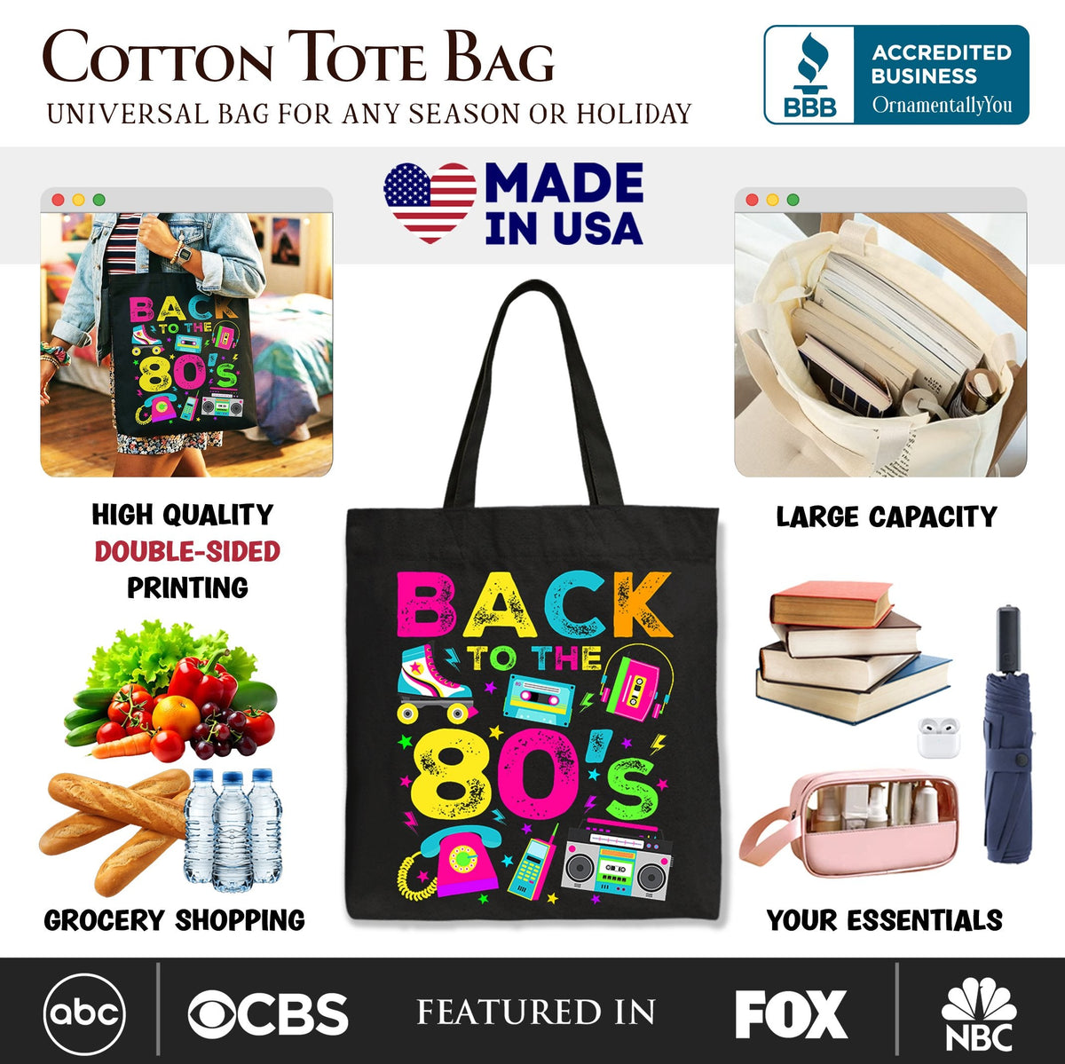 Back To The 80s Tote Bag, Colorful Retro Eighties Party Gift Shopper - Shaketea