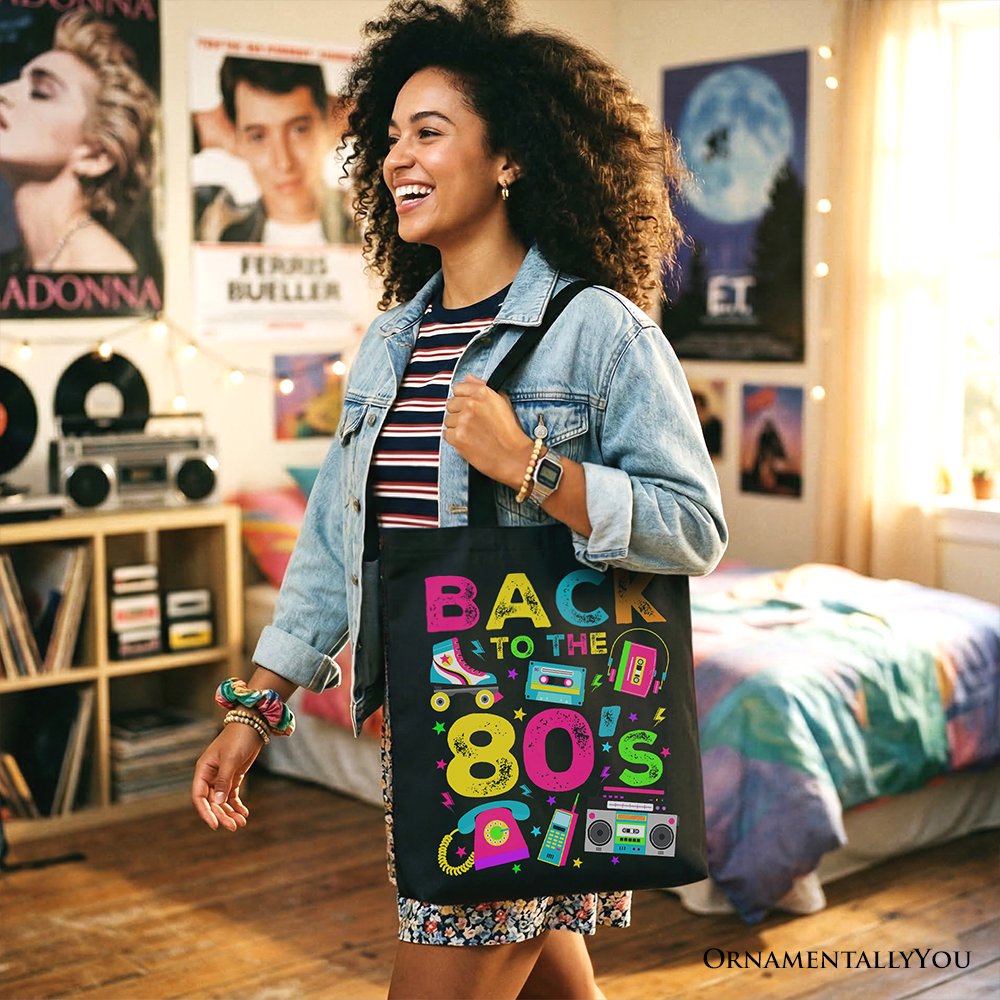 Back To The 80s Tote Bag, Colorful Retro Eighties Party Gift Shopper - Shaketea