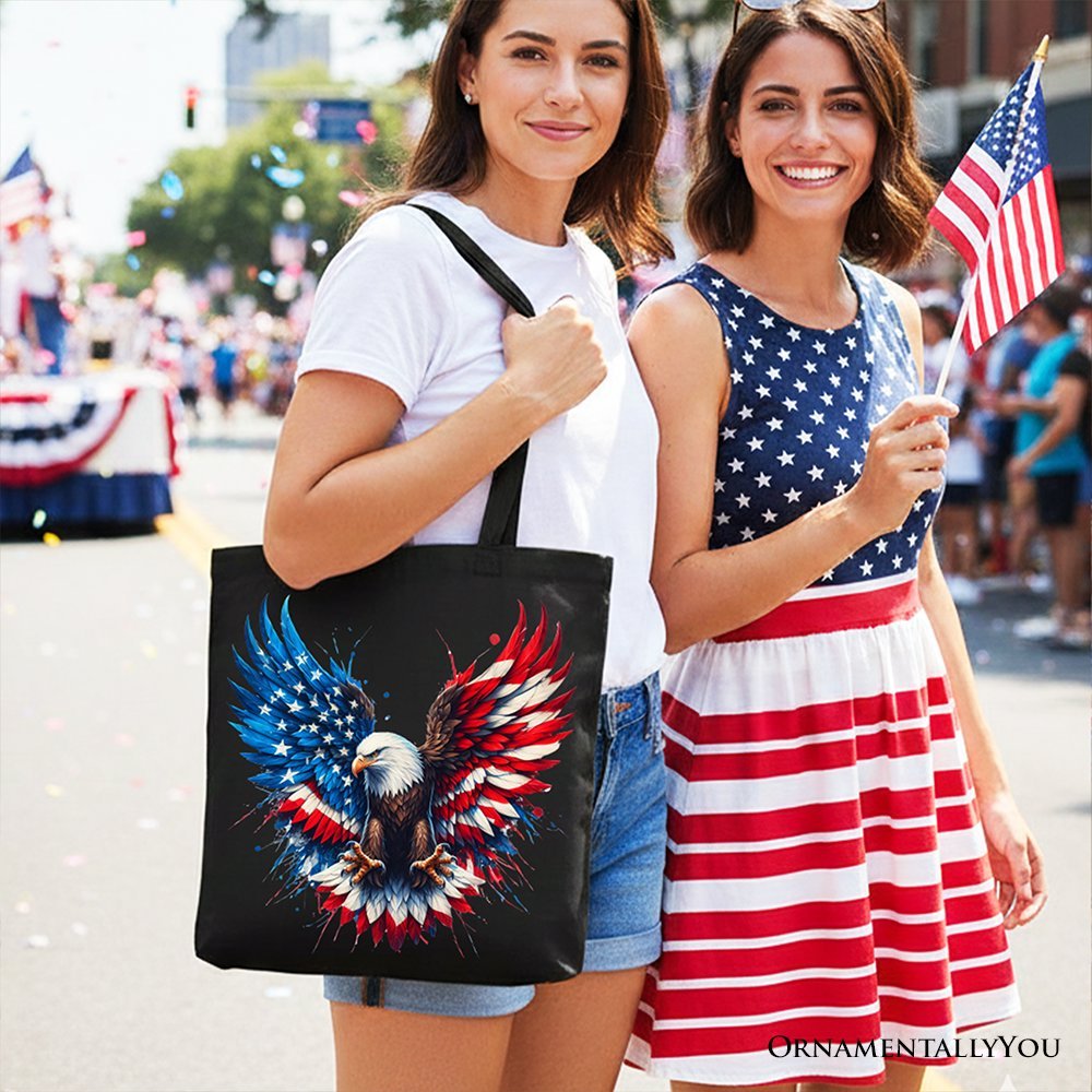 Bald Eagle American Flag Canvas Tote Bag, Patriotic Freedom Gift Shopper