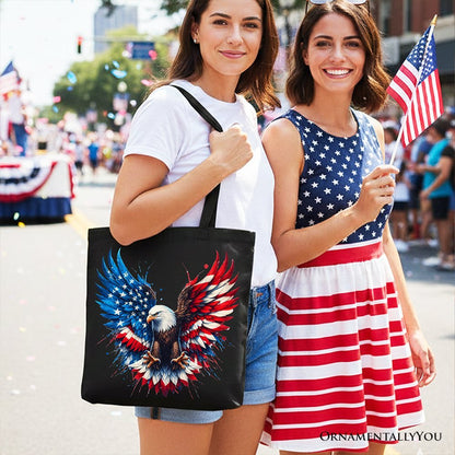 Bald Eagle American Flag Canvas Tote Bag, Patriotic Freedom Gift Shopper