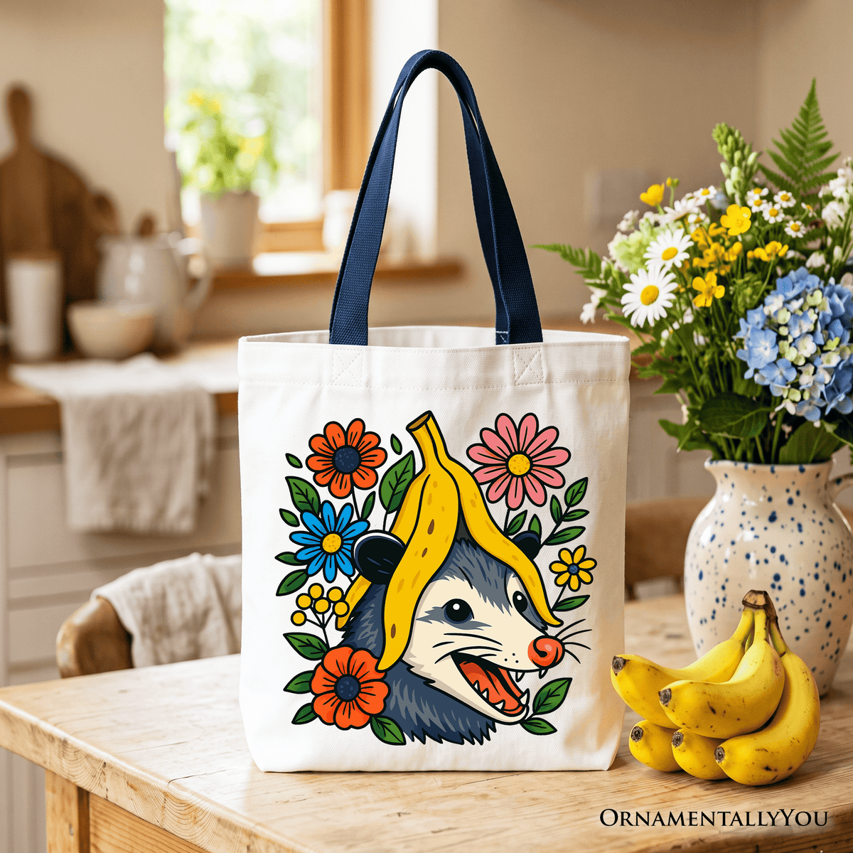 Banana Possum Floral Tote Bag, Funny Animal Gift Shopper