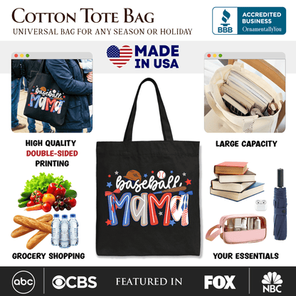 Baseball Mama Preppy Bow Tote Bag, Girly Sports Mom Gift Shopper