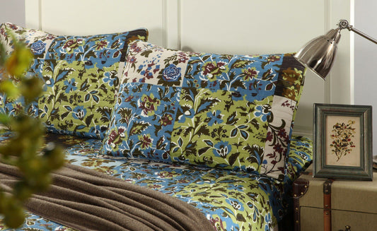 Tache Mystical Forest Green Blue Leaves Cotton Quilt Set (KST1504)