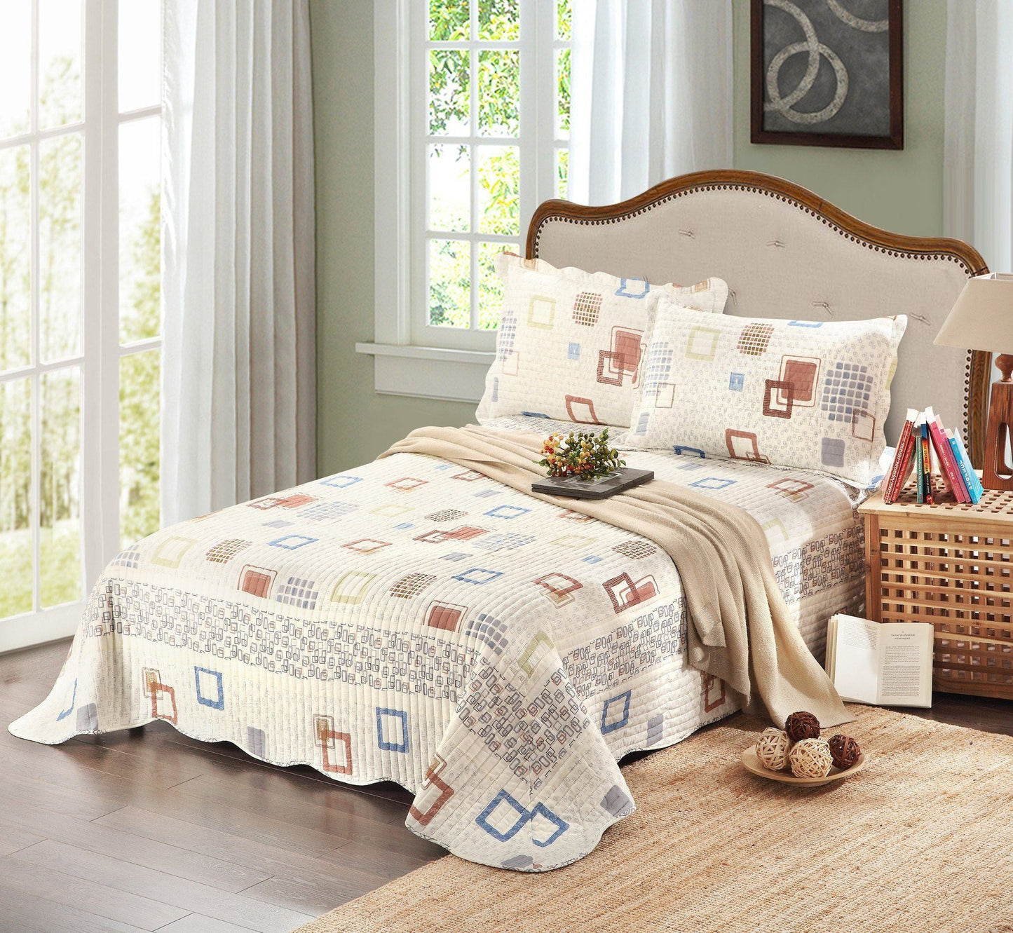 Tache Geometric Cubic Squares Ivory Scalloped Retro Cotton Quilt Bedspread Set (DSW009)