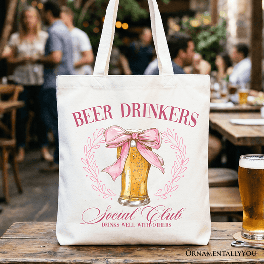 Beer Drinkers Social Club Tote Bag, Coquette Pink Bow Gift Shopper for Girly Summer Bachelorette Vibes