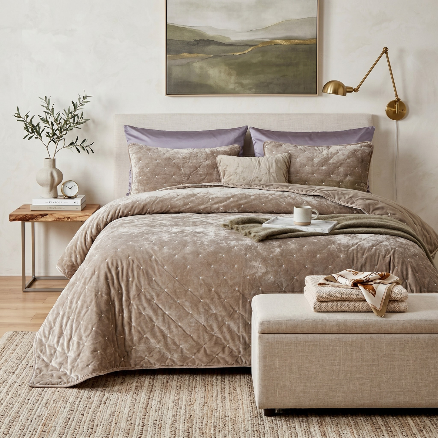 Tache Plush Dreams Sand Taupe Beige Tufted Velvet Quilt Set (JHW-853B)