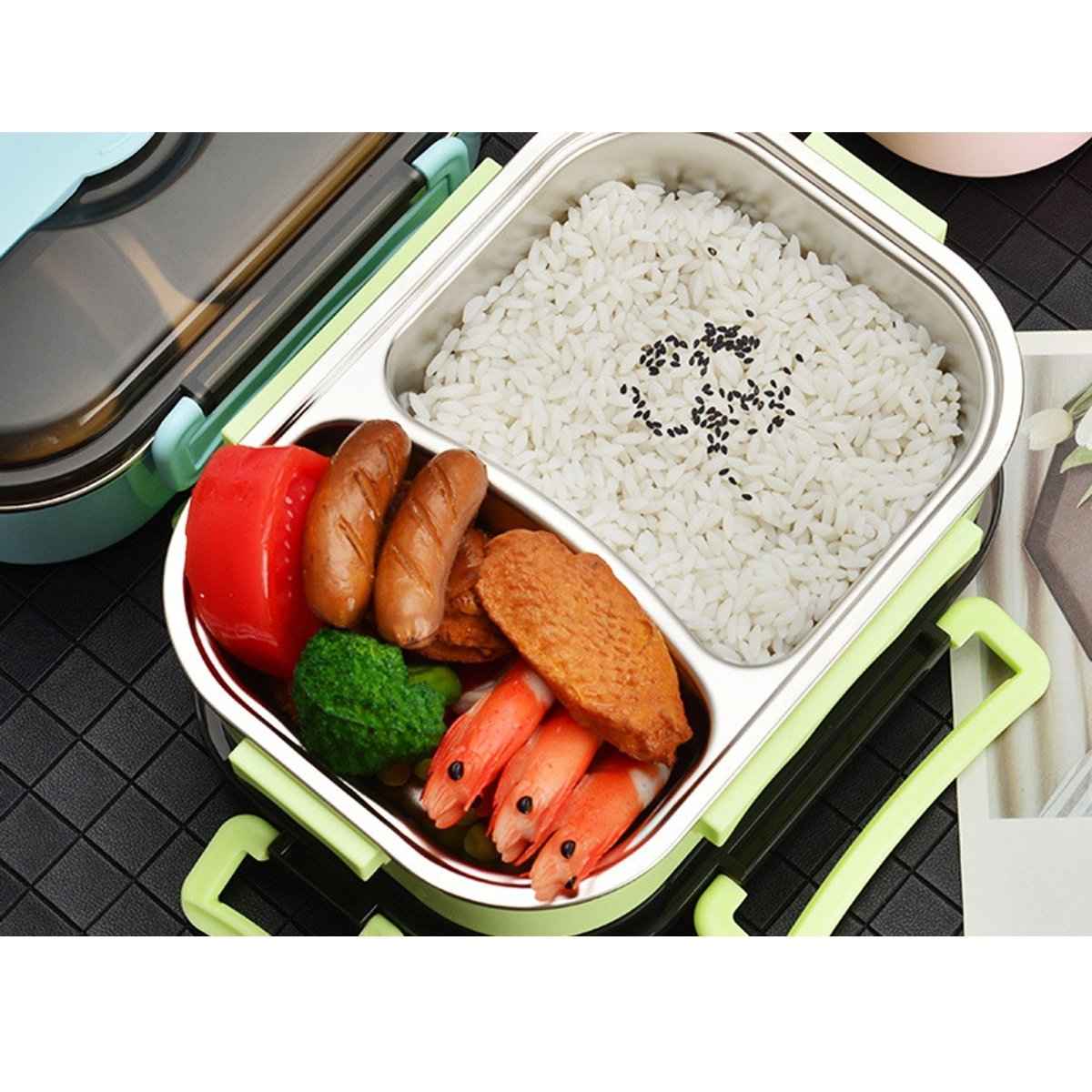 Insulated Leakproof Bento Lunch Box with Thermos Bag 2 Compartments Green