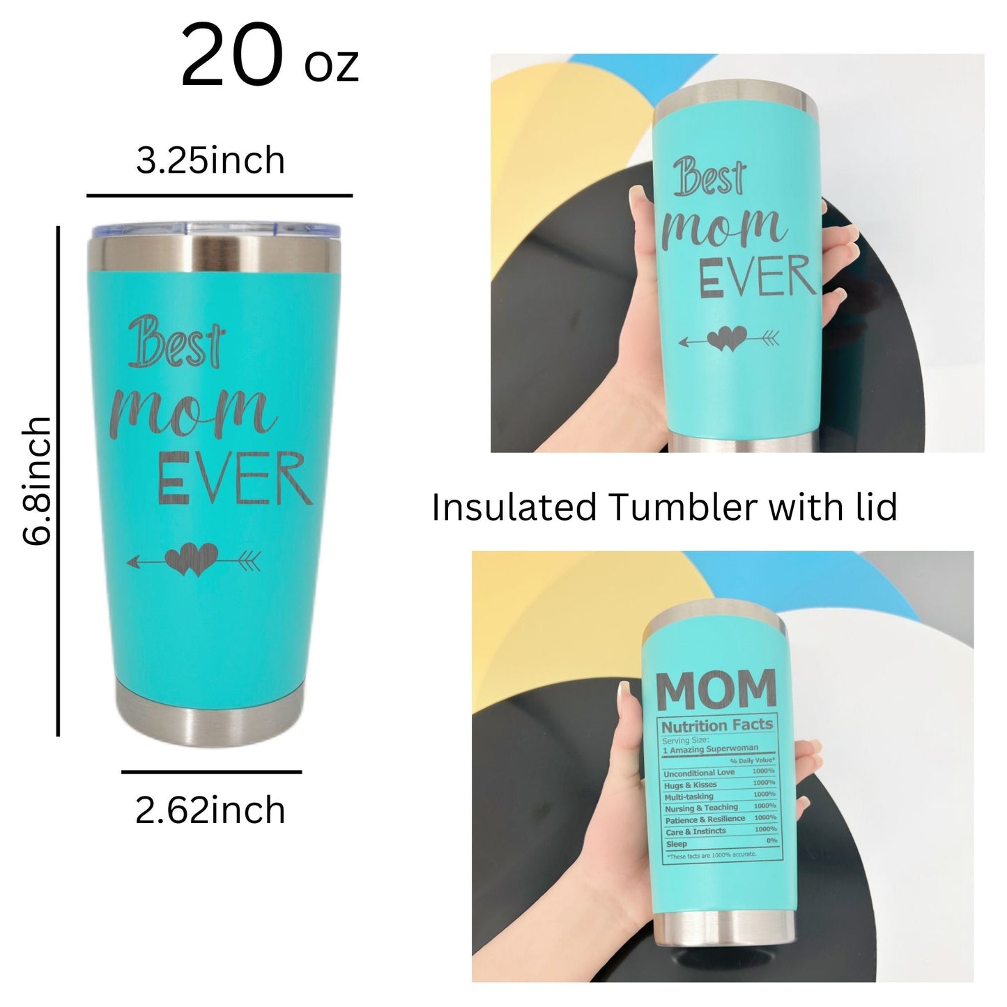 Best Mom Ever Tumbler - Personalized Birthday Mothers Day Christmas Gift for Moms - 20oz Stainless Steel Insulated Flask - Bottled, Portable