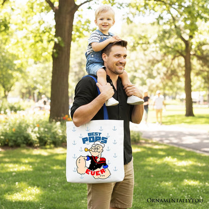 Best Pops Ever Canvas Tote Bag, Classic Popeye the Sailorman Dad Gift Bag for Fun and Strong Dads