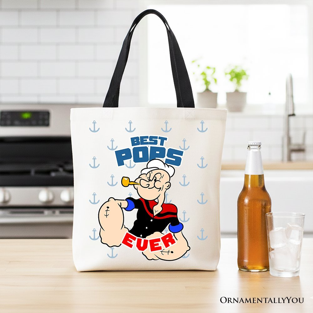 Best Pops Ever Canvas Tote Bag, Classic Popeye the Sailorman Dad Gift Bag for Fun and Strong Dads