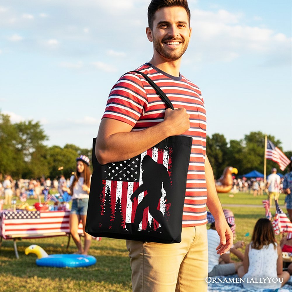 Bigfoot American Flag Canvas Tote Bag, Patriotic Sasquatch Gift Shopper