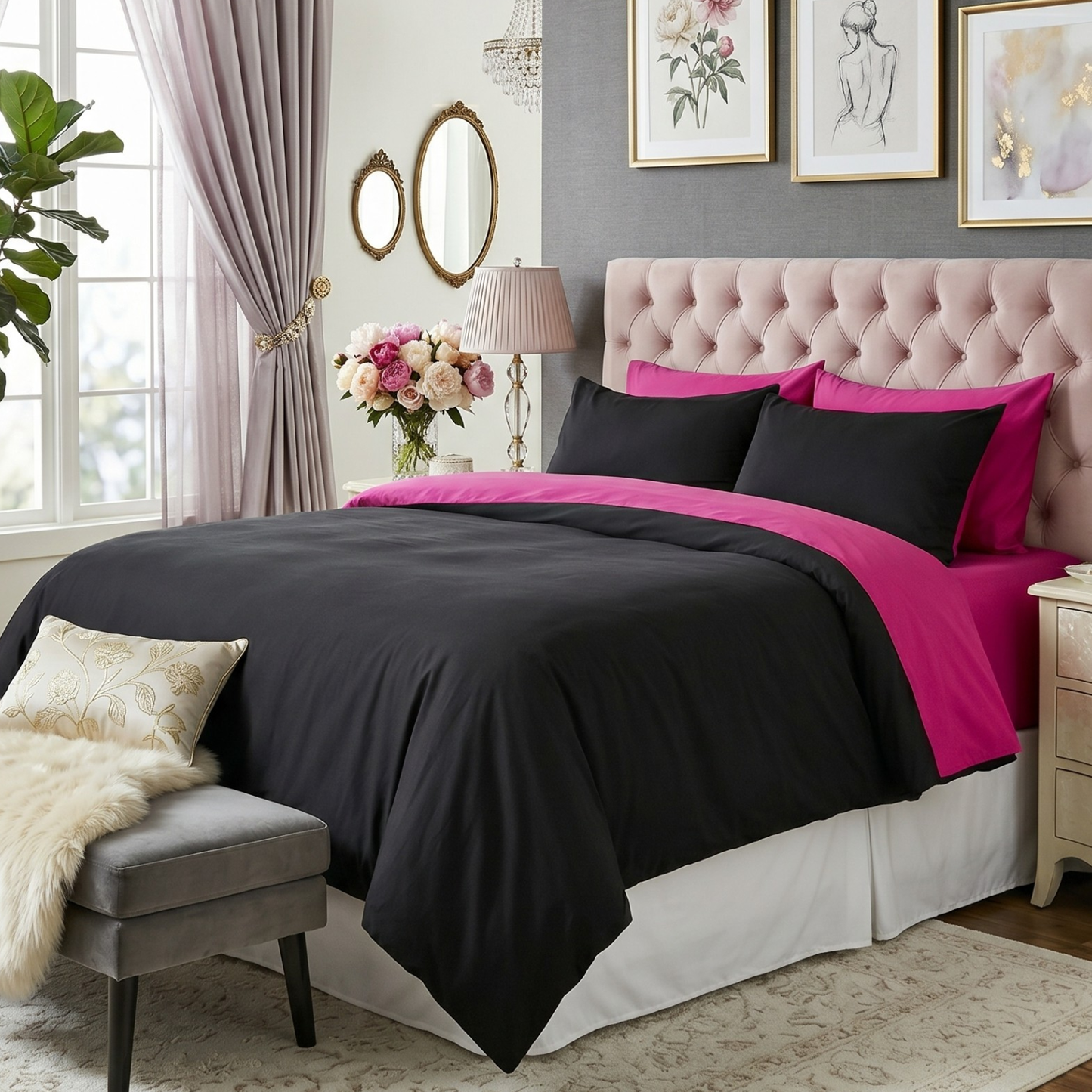 Tache Cotton Hot Pink Black Reversible Comforter Set With Zipper Cover