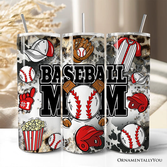 Black and Red Baseball Mom Pattern 20oz Personalized Tumbler With Lid and Stainless Steel Straw, Proud Sports Mothers Gift Cup