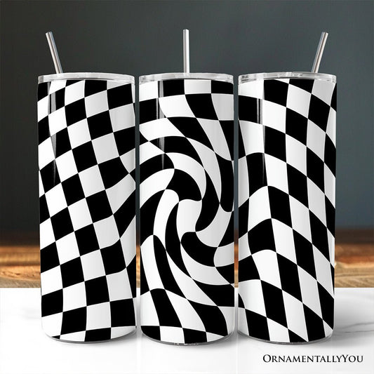 Black and White Checkerboard Swirl 20oz Personalized Tumbler With Lid and Stainless Steel Straw, Retro Optical Illusion Gift Cup