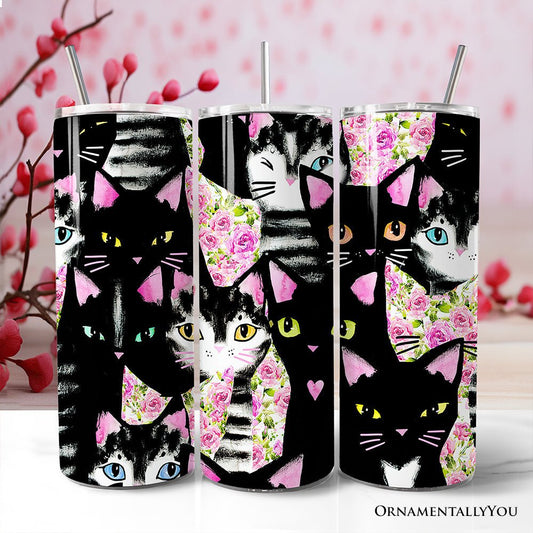 Black Cats Pink Rose Pattern 20oz Personalized Tumbler With Lid and Stainless Steel Straw, Cute Floral Kitty Gift Cup