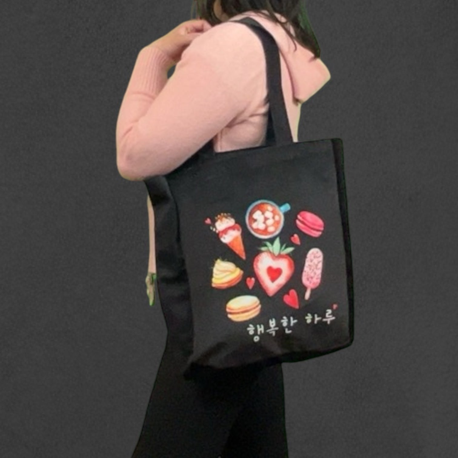 Black Korean Tote Bag – Ice Cream Design with Zipper & Pocket