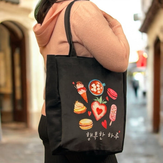 Black Korean Tote Bag – Ice Cream Design with Zipper & Pocket