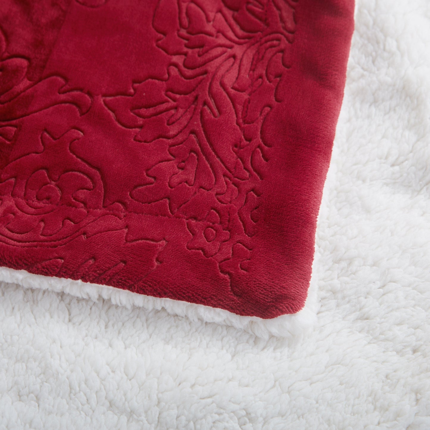 Tache Solid Embossed Merlot Red Reversible Sherpa Throw Blanket (62087)