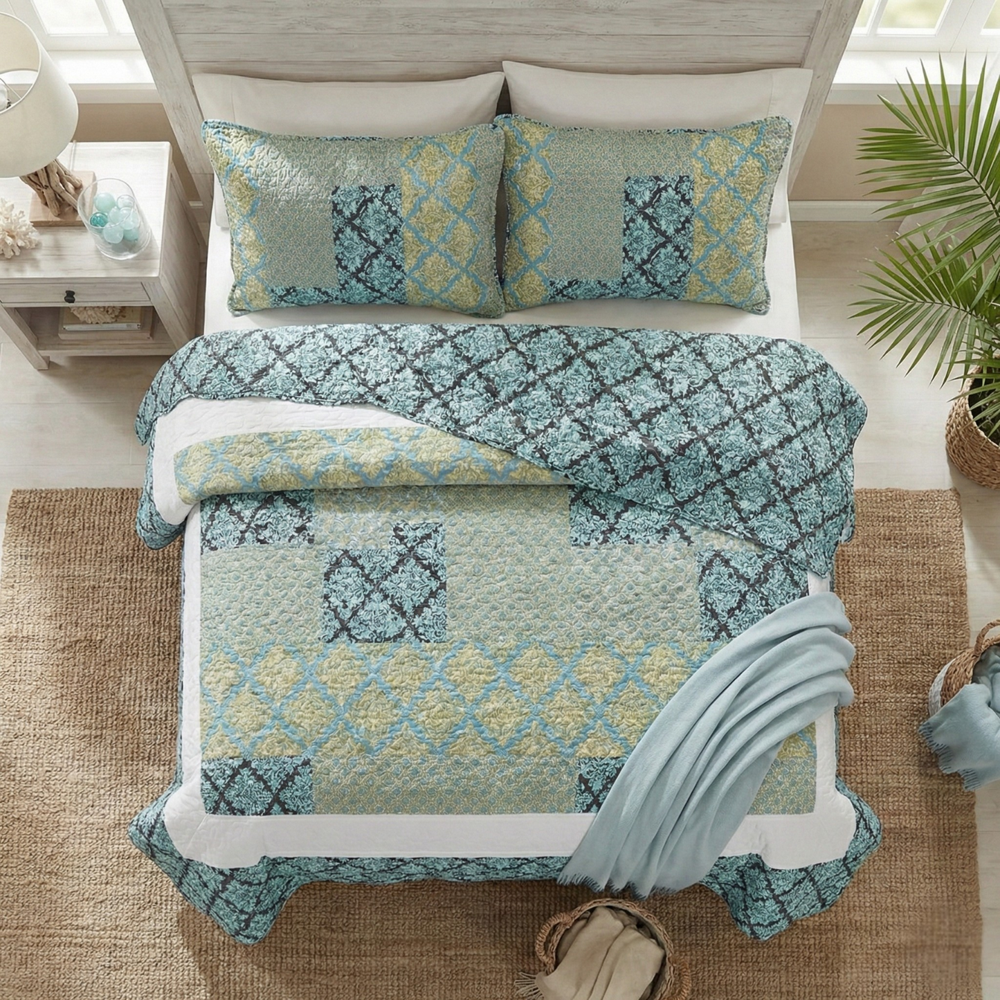 Tache Damask Ornate Baroque Teal Turquoise Blue Green Scalloped Quilt Set (SD-3300)