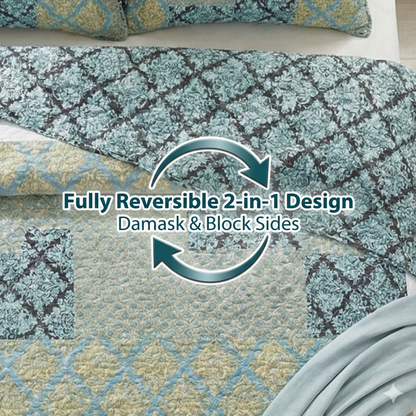 Tache Damask Ornate Baroque Teal Turquoise Blue Green Scalloped Quilt Set (SD-3300)