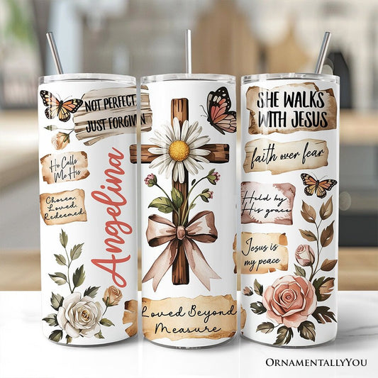 Boho Christian Cross 20oz Personalized Tumbler With Lid and Stainless Steel Straw, Vintage Floral Quotes Gift Cup