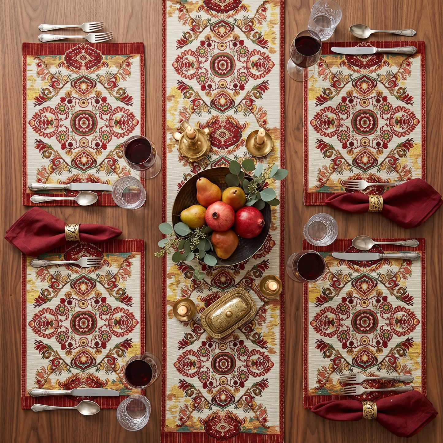 Tache Burgundy Ornate Paisley Woven Tapestry Placemats - Eclectic Modern Dining Set (18194)