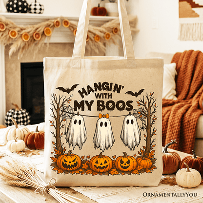 Boho Spooky Season Ghost Tote Bag, Cute Halloween Gift Shopper with Fall Pumpkins