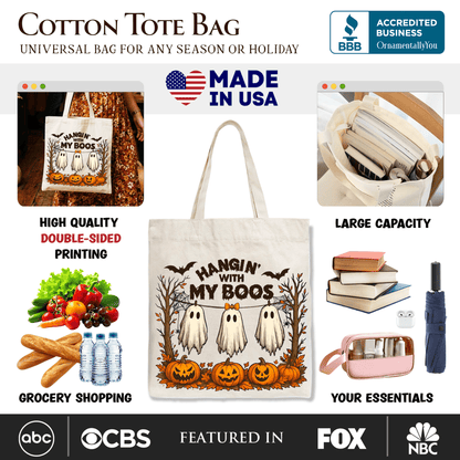 Boho Spooky Season Ghost Tote Bag, Cute Halloween Gift Shopper with Fall Pumpkins