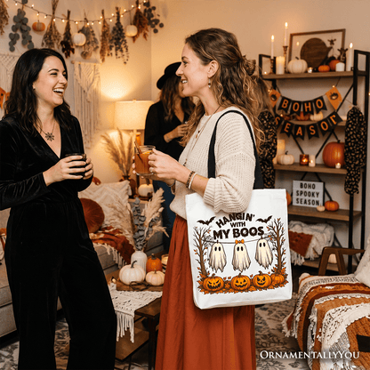Boho Spooky Season Ghost Tote Bag, Cute Halloween Gift Shopper with Fall Pumpkins