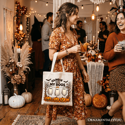 Boho Spooky Season Ghost Tote Bag, Cute Halloween Gift Shopper with Fall Pumpkins