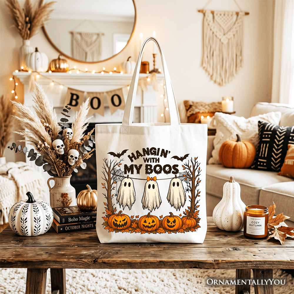 Boho Spooky Season Ghost Tote Bag, Cute Halloween Gift Shopper with Fall Pumpkins